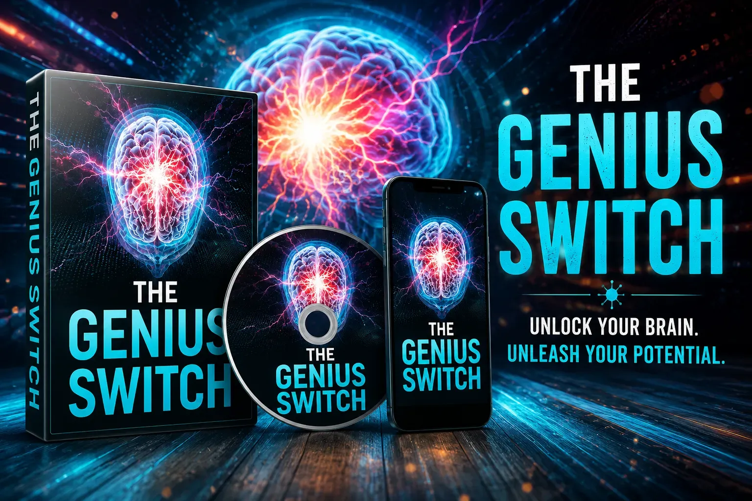 The Genius Switch digital audio program artwork: headphones and brainwave concept